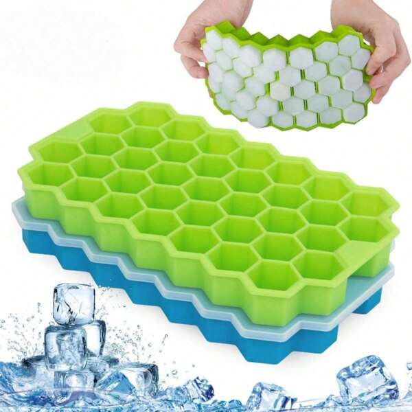 Ice Mold,Ice Cube Mold,Silicone Honeycomb Ice Tray With Cover Creative Stackable 37-Cell Ice Box Easy To Demould Ice Tray