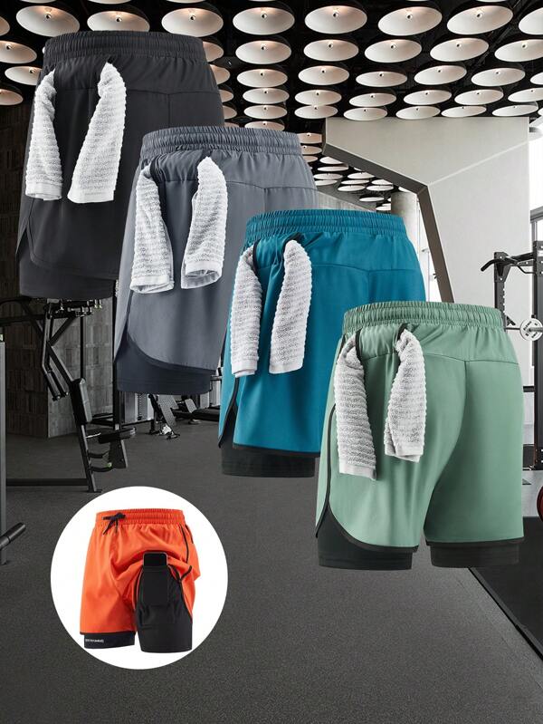 4PCS--Summer Quick-Dry Running Shorts With Built-In Underwear, Boyfriend Style Men's 3/4 Training Pants For Gym Fitness
