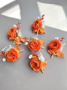 1pc/6pcs Artificial Silk Flower Groom Boutonniere Man Corsage Graduate Pin Suit Wedding Flowers Party Decoration Valentine's Day Accessories - Orange - View 1