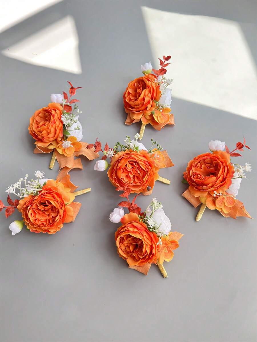 1pc/6pcs Artificial Silk Flower Groom Boutonniere Man Corsage Graduate Pin Suit Wedding Flowers Party Decoration Valentine's Day Accessories - Orange - View 1
