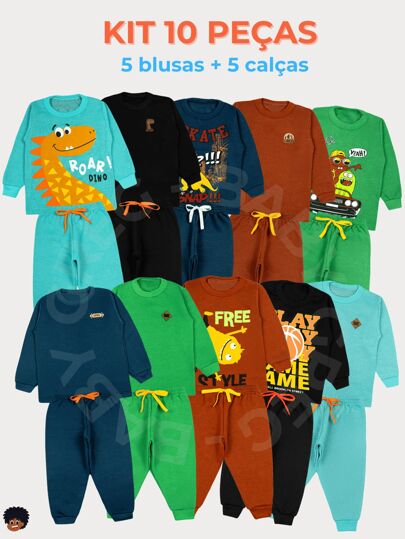 Imagem do produto Kit 10 Peças Conjunto Infantil Menino Inverno Frio Moletom Infantil - 5 Casacos + 5 Calças - Tamanho 1 ao 8 na loja Shein