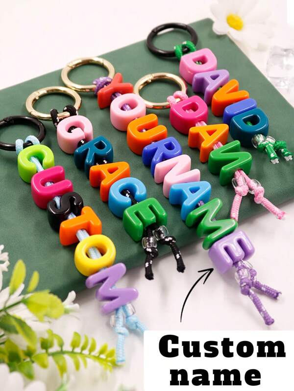 LICVIC 1pc Customized Multi-Color Acrylic Beaded English Letter Keychain, Customizable 1~10 Letters, Personalized Bag Charm, Custom Name Gift, Personalized Keyring(Gold/Black), Lanyard Colors: Black/Purple/Green/Blue/Pink, Customized Backpack Decoration, Personalized Backpacks Accessories, Ornaments, Pendants, Multi-Functional, Ornamental, Letter, Stylish, Modern, Colorful, Cute, Adorable, Casual, Custom, Personalized, Unique, Customized, Ideal Gifts For Him, Ideal Gifts For Her