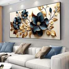 1 pieza Arte en lienzo sin marco - Diseño floral moderno azul y dorado, decoración de pared elegante para sala de estar y dormitorio, decoración de habitación