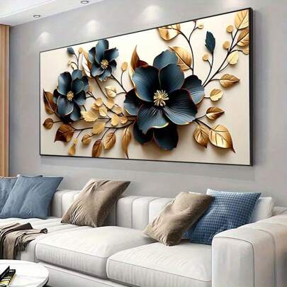 1 pieza Arte en lienzo sin marco - Diseño floral moderno azul y dorado, decoración de pared elegante para sala de estar y dormitorio, decoración de habitación