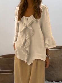 Camisa de mujer de Primavera/Verano de diseño casual de unicolor con doble capa, borde con volantes, bolsillos con botones, estilo "Old Money", cómoda y transpirable, diseño con volantes de gran tamaño, botones de madera vintage y detalles elegantes y dignificados