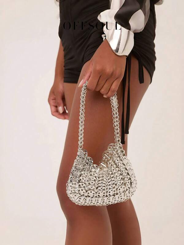 Borsa retrò in tessuto intrecciato con paillettes metalliche, clutch argento, borsa a mezzaluna versione rinnovata per feste, stile adatto alle donne