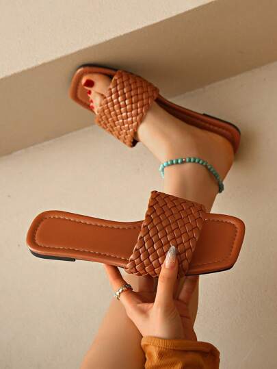 Women's Fashion Vacation Style Flat Woven Slippers, Comfortable & Stylish, Breathable Beach Sandals, Retro Brown/Black/White/Pink/Magenta/Red Colored Slip-On Slouchy Shoes