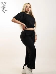 Camiseta de cuello redondo y mangas estilo murciélago y pantalones con cordón en la cintura - negro / camel - Ver 11
