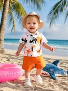 Baby Boys' Casual Coconut Tree Print Short Sleeve Shirt And Shorts Set, Suitable For Vacation In Summer