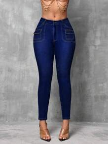 IDYLLIC Jeans para Mujer Pantalones de Mezclilla Cargo, Pantalones de mezclilla de cintura alta y ajustados para mujer Perfecto para un Look Casual Urbano - Azul Marino - Ver 1