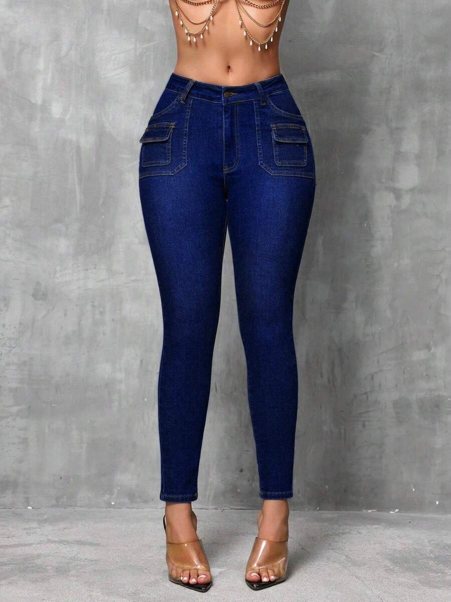 IDYLLIC Jeans para Mujer Pantalones de Mezclilla Cargo, Pantalones de mezclilla de cintura alta y ajustados para mujer Perfecto para un Look Casual Urbano - Azul Marino - Ver 1