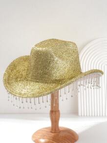 1pc Unisex Rhinestone Tassel Fringed Shiny Cowboy Hat, Creative Punk Style Wide Brim Hat, Suitable As Bridesmaid/Bride Hat, Great For Parties, Western Themed Events, Gatherings, Engagement Parties, Cosplay, Graduations, Masquerade Balls, Festivals, Weddings, Birthdays, Music Festivals, Coming Of Age Ceremonies