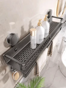 1 pieza Estantería organizadora de baño sin perforación con ventosas, estante de almacenamiento montado en la pared a prueba de óxido con ganchos y toallero, estantería de almacenamiento de baño ahorradora de espacio para guardar champú, jabón y accesorios de baño - Multicolor - Ver 4