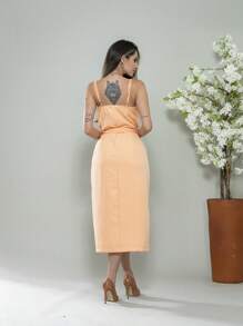 V761 Tailored Midi Dress With Straps - Coral Orange - View 2