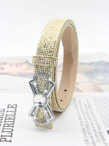 1pc Women's Elegant Rhinestone Embellished Metal Shiny PU Leather Belt, Fashion Accessory To Match Jeans, Dress