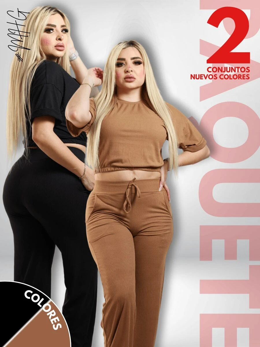 Camiseta de cuello redondo y mangas estilo murciélago y pantalones con cordón en la cintura - negro / camel - Ver 1