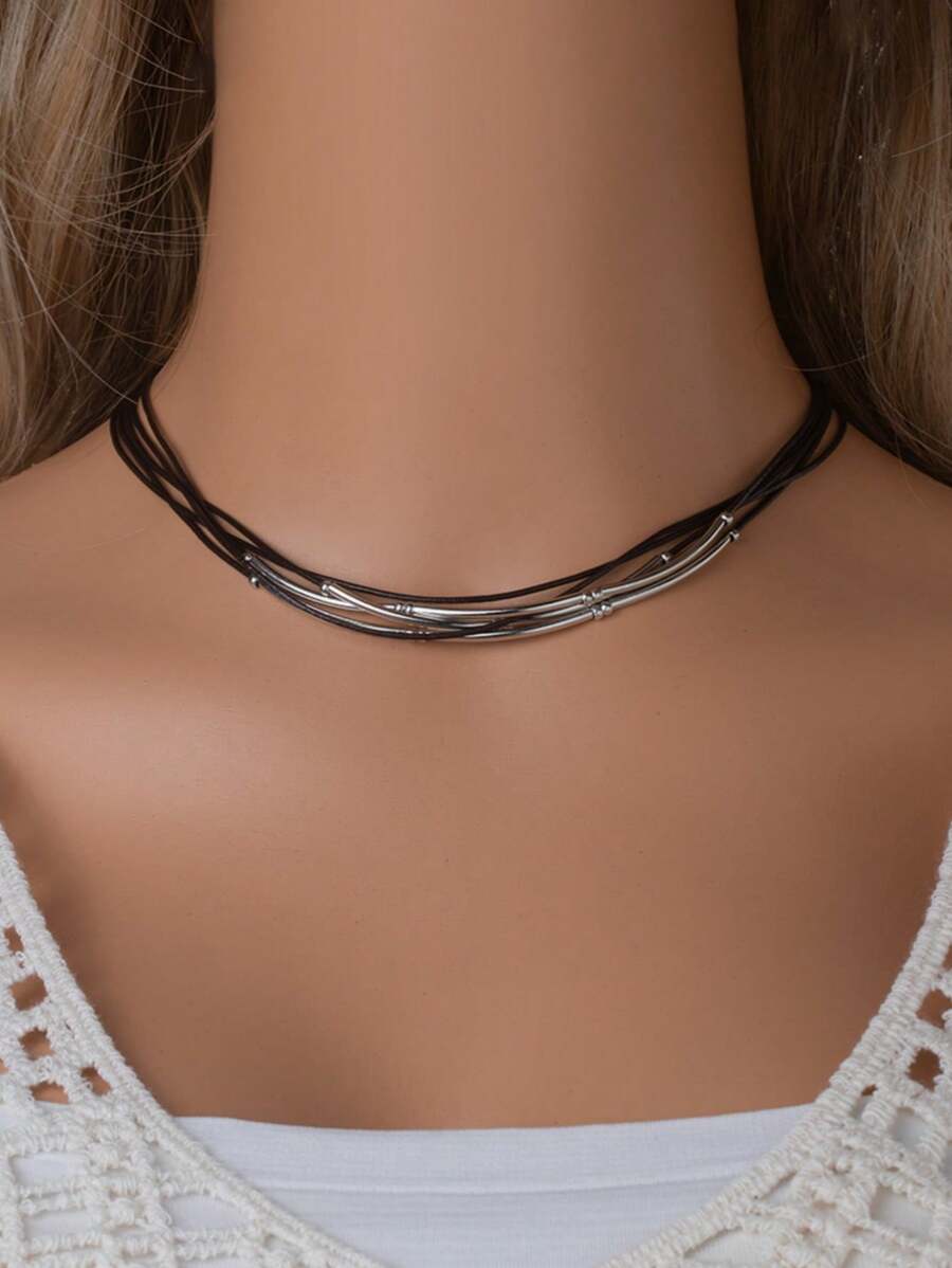 Elegant Multi-Layer Leather Rope Necklace With Decoration - Suitable For Daily Wear Or As A Gift