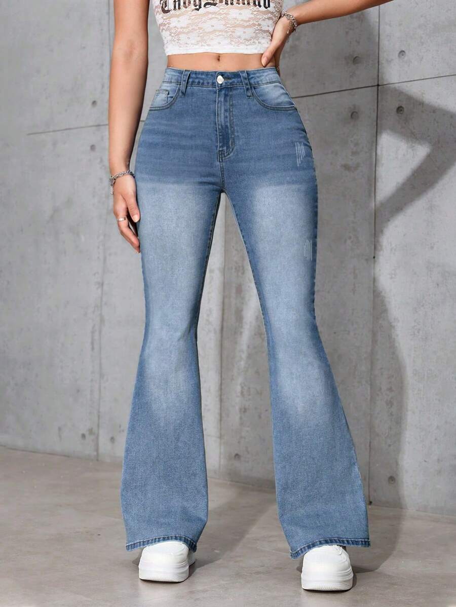 Women's Fashionable And Elegant Washed Solid Color Bell Bottom Jeans, Suitable For Dates, Parties, Shopping, Parties, Banquets, Outings, Streets, Travel, Daily Life At Home - Rửa trung bình - Xem 1