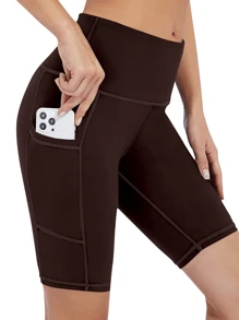Women Plus Size High Waisted Compression Sport Shorts, Tummy Control Yoga Shorts For Workout, Running, Gym, Fitted Look, With Pockets, Spring/Summer - Coffee Brown - View 2