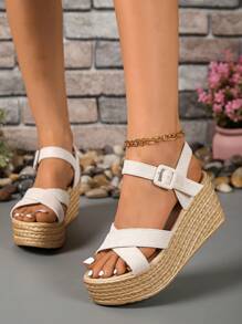 Women's Beige Wedge Heel Sandals, Strap Design, Lightweight & Comfortable High Heel Sandals, Fashion Thick-Sole Beach Sandals For Summer