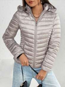 Women's Plain Color Long Sleeve Zipper Collar Casual Hooded Winter Jacket