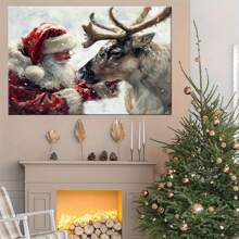 Wooden Framed Santa Claus Petting Reindeer Canvas Wall Art - Festive Christmas Decor For Home, Bedroom, Or Office - Ready To Hang -Vibrant Holiday Design, Seasonal Artwork | Modern Framed Art | Wooden Frame Canvas, Holiday Decorations