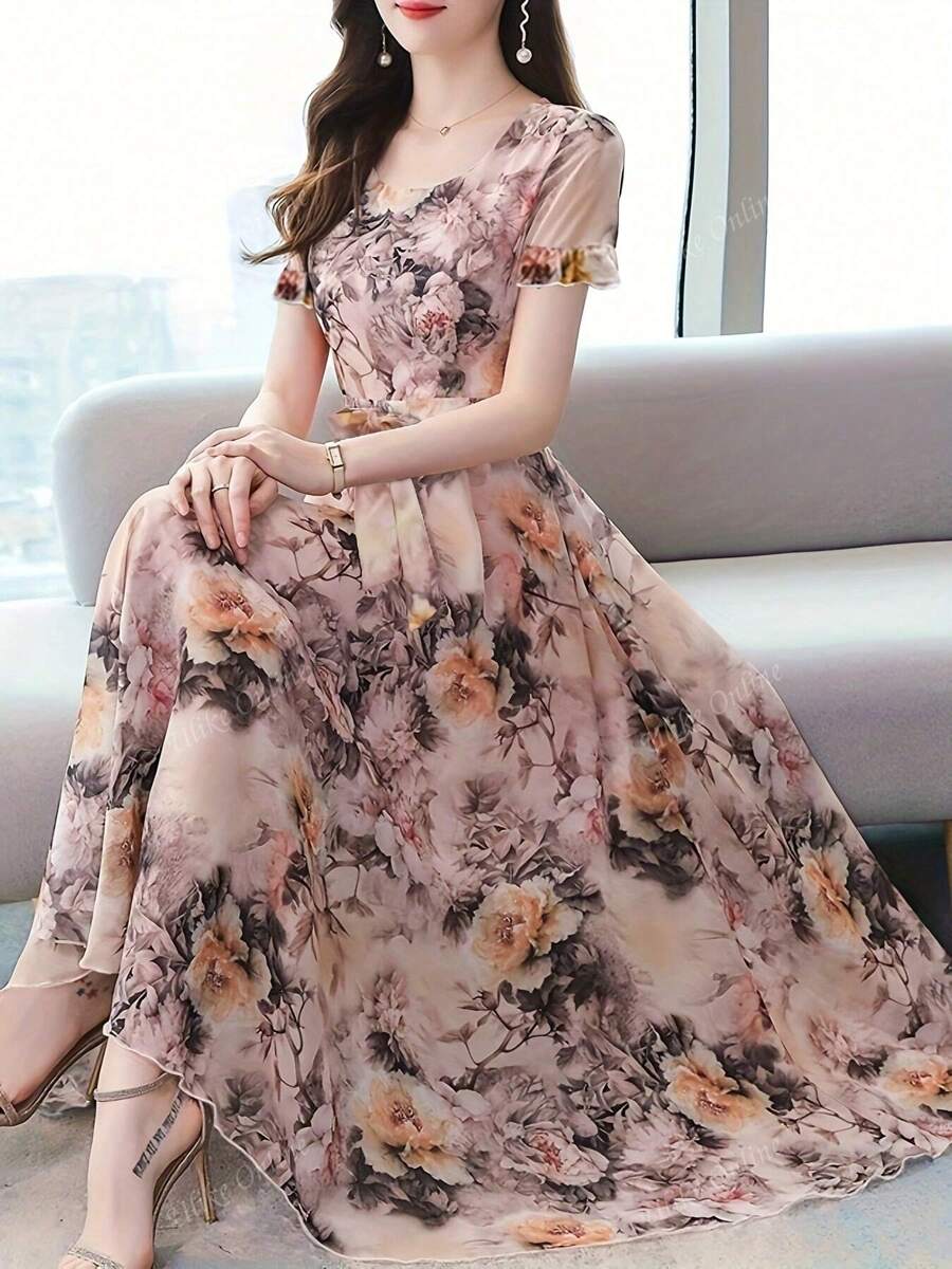 女式夏季优雅圆领花卉短袖连衣裙