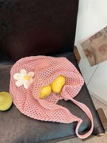 Hollow Woven Straw Bag, Bohemian Style Beach Tote Bag, Hollow Woven Tote Bag, Large Capacity Shopping Beach Bag, Fashion Hollow Woven Straw Bag, Beach Tote Bag, Bohemian Style Beach Bag, Casual Hollow Woven Tote Bag, Vacation - Pink - View 6