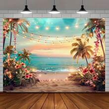1 Pc Polyester Hawaiian Party Beach Banner, Tropical Ocean Photography Backdrop, Suitable For Spring/Summer Hawaiian Party, Aloha Party, Luau Party Themed Decoration, Indoor/Outdoor Home Decor - Multicolor - View 3