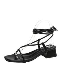 Sandálias com Cadarço para Mulheres, Estilo Coreano Simples Novo Verão Fada Salto Grosso Flat Sapatos de Praia Romanos Salto Alto