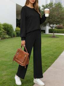 hoteel Casual Two Piece Outfits: Pullover Long Sleeves Knit Top + Loose Straight Pants With Pockets, Idea To Daily Wear, Woman Clothes - màu đen - Xem 3