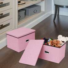 2pcs Foldable Fabric Storage Boxes With Lids Storage Cube Toy Box Storage Basket - Pink - View 3
