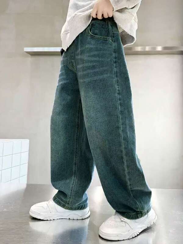 Calça jeans casual estilo colegial para meninos adolescentes, bigode desgastado, estampa de cavalo, perna reta, corte solto