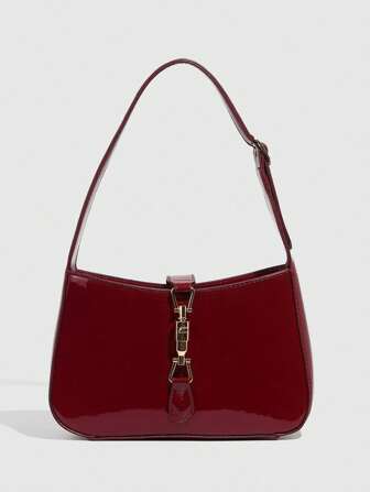 Borsa da donna alla moda e minimale, nuova borsa in pelle laccata estiva, borsa colore burgundy, borsa a tracolla/ascellare versatile stile baguette, borsa a mezzaluna alla moda nello stile Y2K sexy, piccola borsa a mano con chiusura