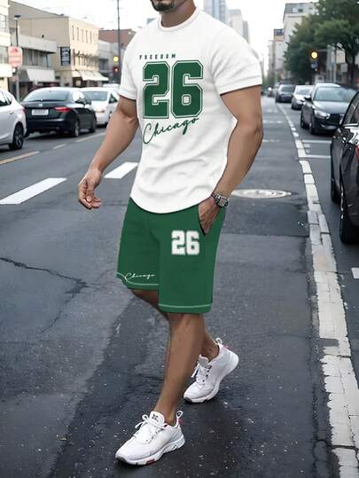 2pcs White "26" Numeral Letter Print Short Sleeve T-Shirt & Matching Green Number 26 Print Shorts Sports Casual Set