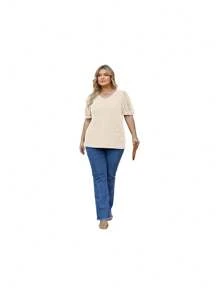 Plus Size Tops For Women Summer Blouse Waffle Knit Short Lace Sleeve Shirts-CWTI