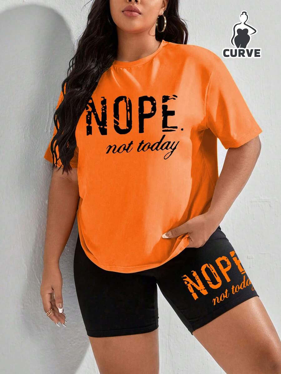 Ensemble deux pièces de t-shirt à manches courtes imprimé col rond et short moulant grande taille pour le printemps/été - Orange - Voir 1