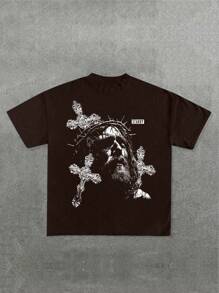 1 pieza Camiseta de hombre de corte holgado y oversize con estampado de moda, serie religiosa de la cruz de Jesús, adecuada para todas las estaciones, ligera para primavera/verano, uso casual diario y streetwear
