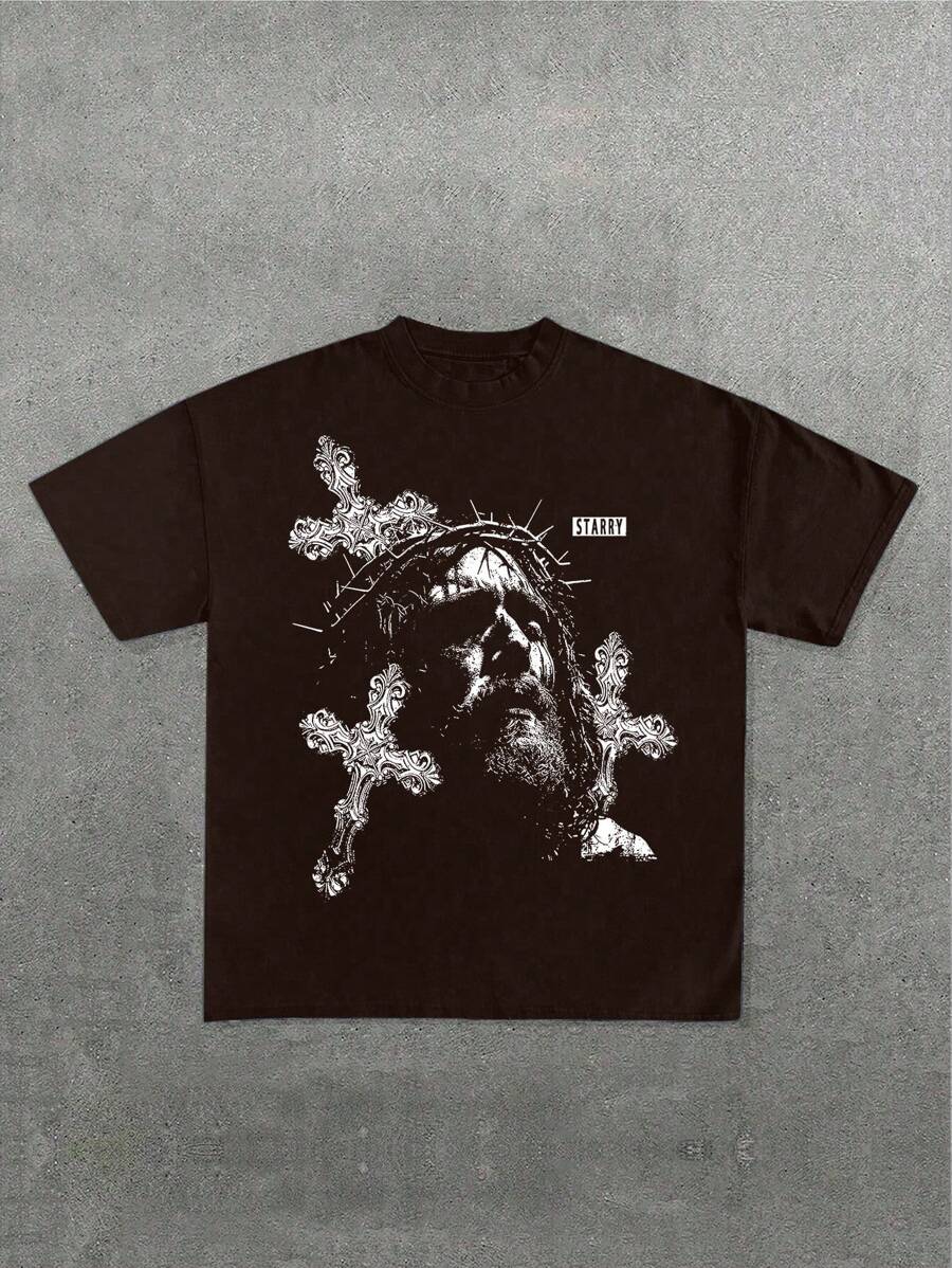 1 pieza Camiseta de hombre de corte holgado y oversize con estampado de moda, serie religiosa de la cruz de Jesús, adecuada para todas las estaciones, ligera para primavera/verano, uso casual diario y streetwear