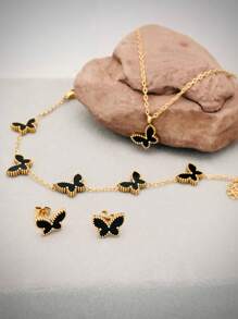 4PCS Stainless Steel Double-Sided Butterfly Necklace Bracelet Earrings Set, Elegant Style, 18K Gold Plated Accessories, Women's Jewelry Set, Multiple Colors.