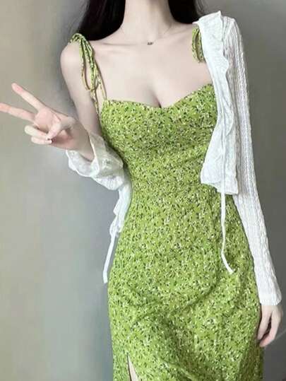 Francesa Cintura Verano Nueva Mujer Verde Eustoma Aplastado Flor Seaside Holiday Wear Halter Vestido