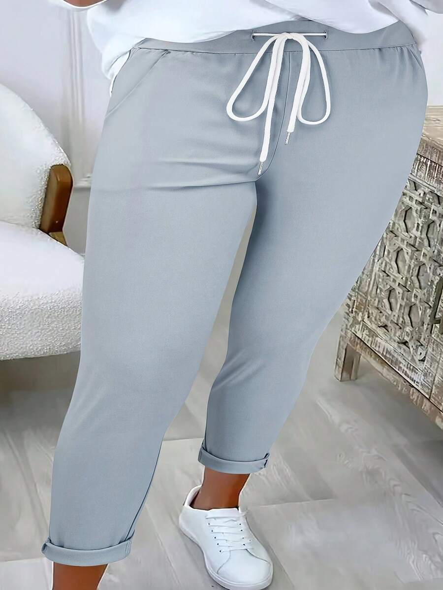 Plus Size Women's Drawstring Casual Pants Spring - Light Grey - View 1