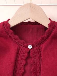 Áo len cardigan viền vỏ sò trơn màu thanh lịch cho bé gái - Màu Đỏ Sâu - Xem 3