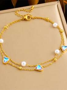 1pc Double Layer Bead, Heart & Faux Pearl Decor Stainless Steel Plated Gold Jewelry Anklet For Women - Multicolor - View 1