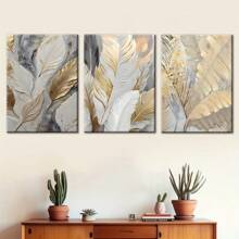 Juego de 3 pinturas y pósteres en lienzo, láminas botánicas doradas de lujo ligero para decoración del hogar, arte de pared, decoración de habitaciones, murales, impresión HD, regalos para vacaciones, sala de estar, dormitorio, comedor, decoración de oficina