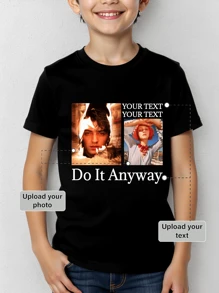 Customized Photo Print T-Shirt For Boys, Upload Your Family/Pet/Selfie/Friend Photos, Personalized Customized T-Shirts For Team/Outdoor/Class, Round Neck Short Sleeve Kids Tee In Black, Customized For Teenagers, Holidays, Birthdays, Anniversaries, Culture Shirts, Party Gifts, Summer Wear, Summer T-Shirts For Youth And Children