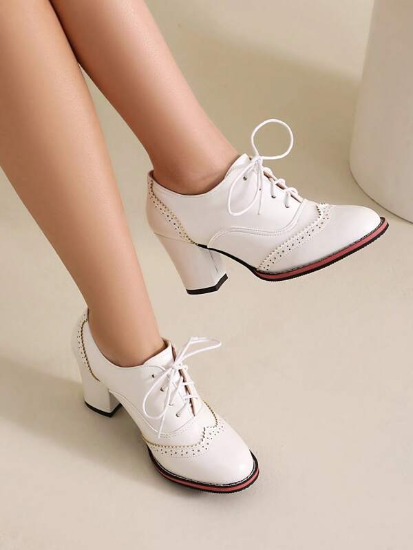 Zapatos Oxford de tacón grueso con cordones y escote pronunciado para mujer, versátiles, cómodos para la oficina y el colegio, de piel sintética (PU), para primavera/otoño