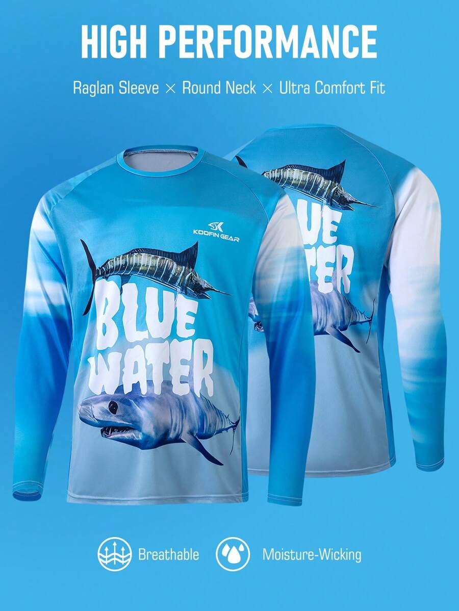 Camisa de pesca de manga larga de alto rendimiento para hombre de KOOFIN GEAR con protección UV, secado rápido, jersey con estampado de peces, ligera y transpirable - Azul - Ver 1