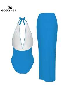 Conjunto de 2 piezas para nadar en verano y playa: Traje de baño una pieza con forma de estrella de mar y falda larga con abertura alta