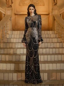 Black Long Elegant Luxury Sequin Dress, Modest